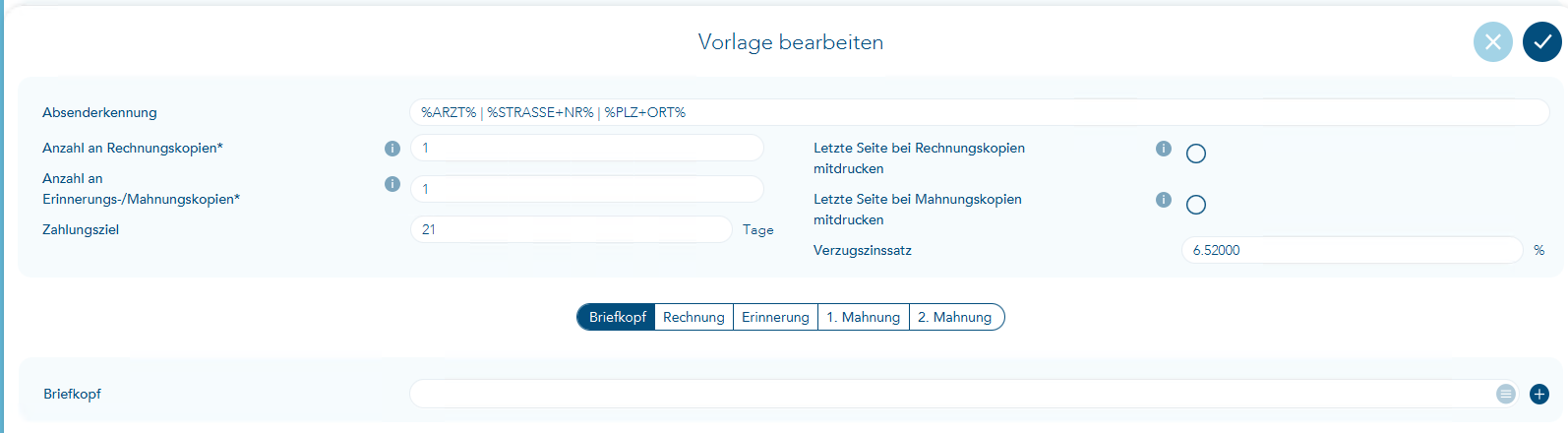 Das Bild zeigt den Vorgang Vorlage bearbeiten wo der Fokus nach dem Öffnen auf Reiter Briefkopf steht
