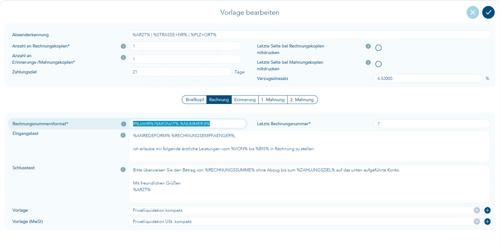 Das Bild zeigt den Vorgang Vorlage bearbeiten und der Eingabebereich für die Rechnung ist geöffnet 