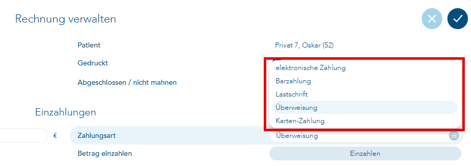 Das Bild zeigt den Vorgang zum Verwalten der Rechnung und die Auswahl der möglichen Zahlungsraten ist rot umrandet
