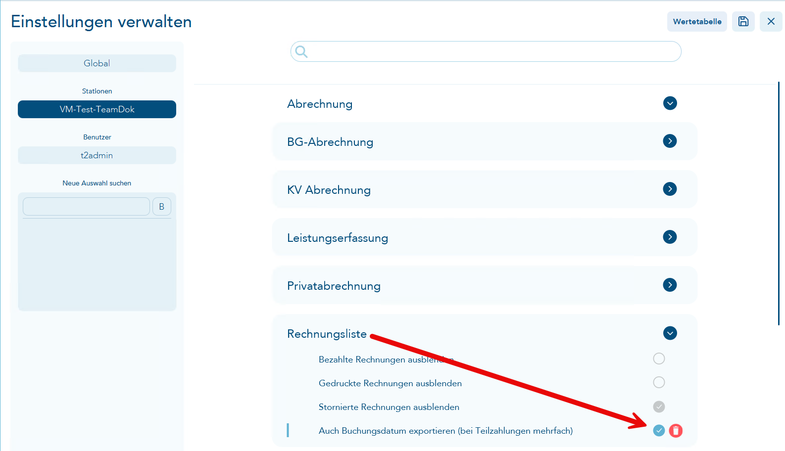 Das Bild zeigt den Vorgang Einstellungen verwalten und ein roter Pfeil verweist auf den beschrieben Einstellunsgpunkt zur Rechnungsliste