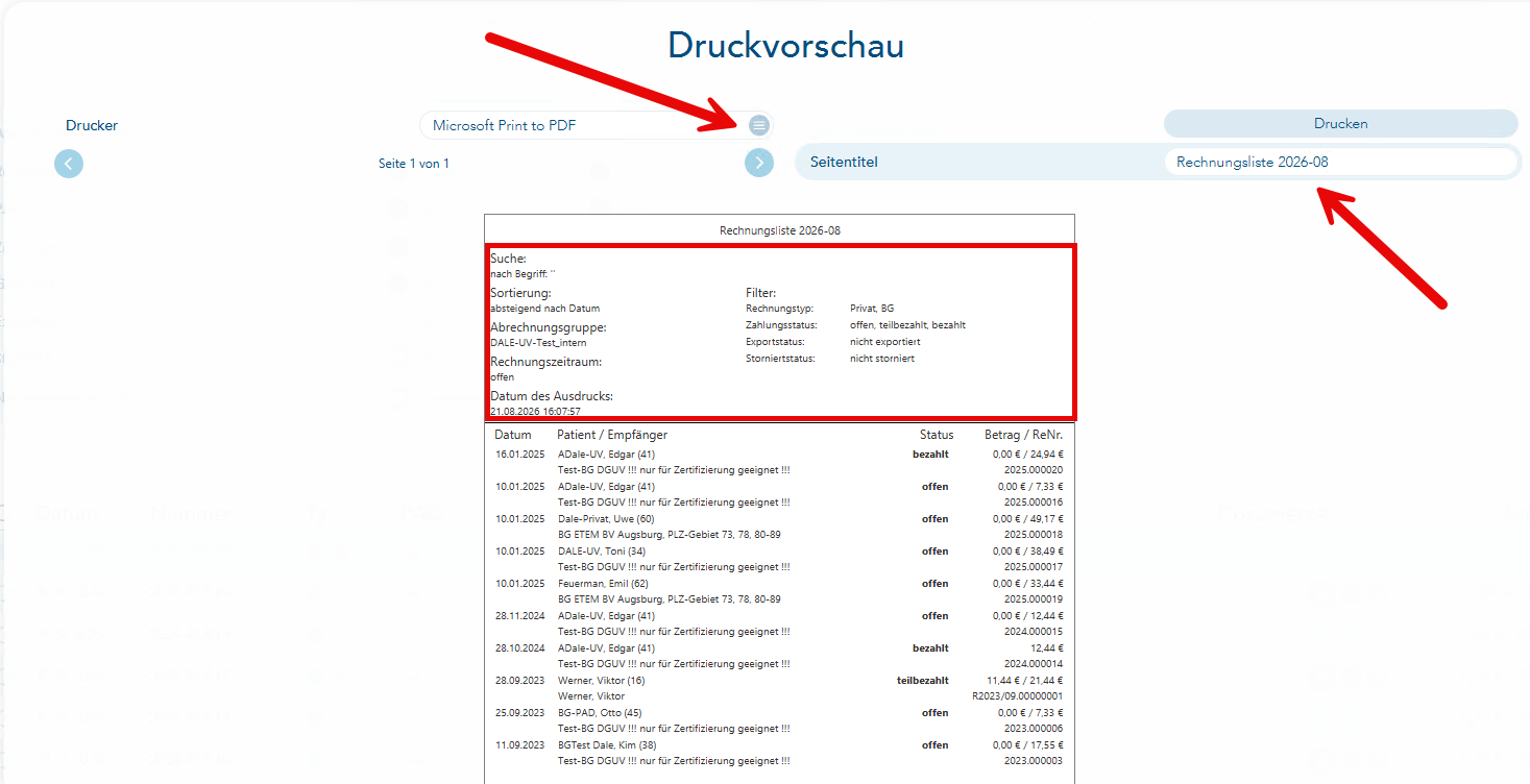 Das Bild zeigt die Druckvorschau der Rechnungsliste - ein roter Pfeil verweist auf das Feld zur Druckerauswahl, der zweite rote Pfeil verweist auf das Eingabefeld für den Seitentitel und die Angaben zu den Filtereinstellungen im oberen Bereich der Liste sind rot umrandet