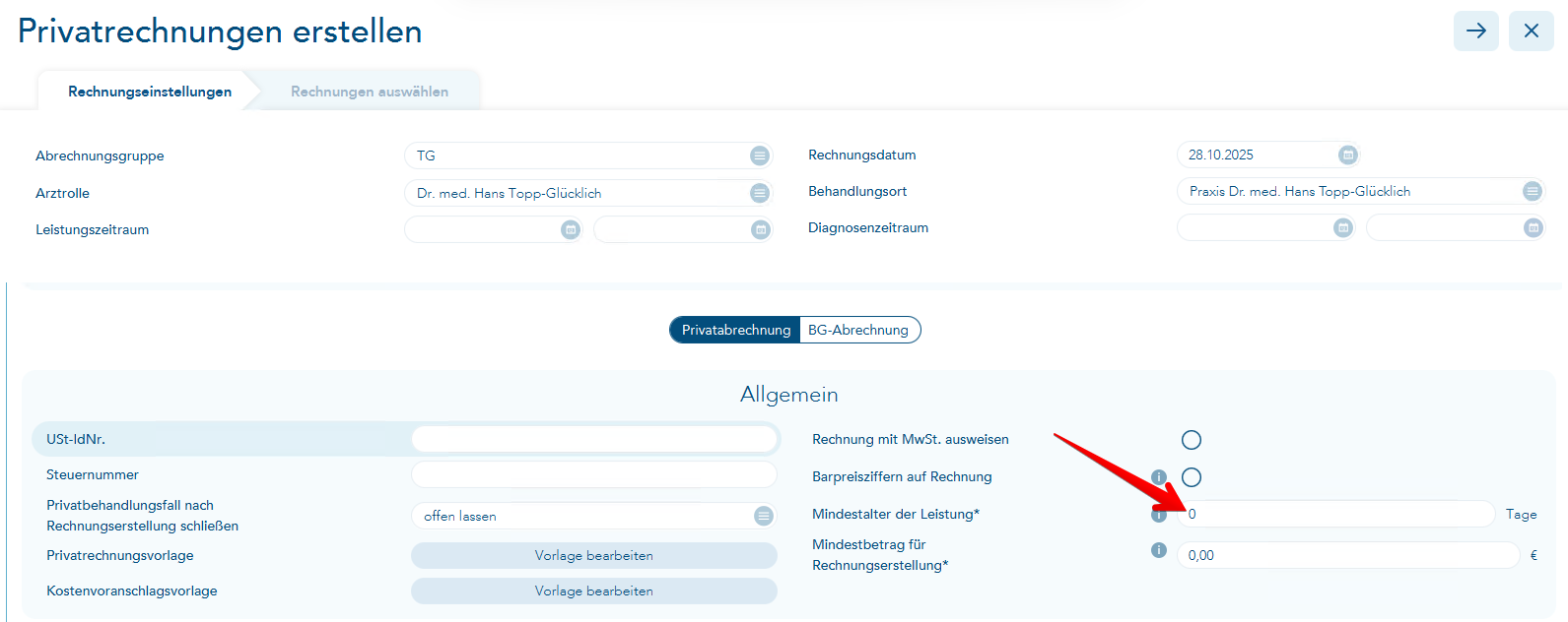 Mindestalter der Leistung aus den Voreinstellungen