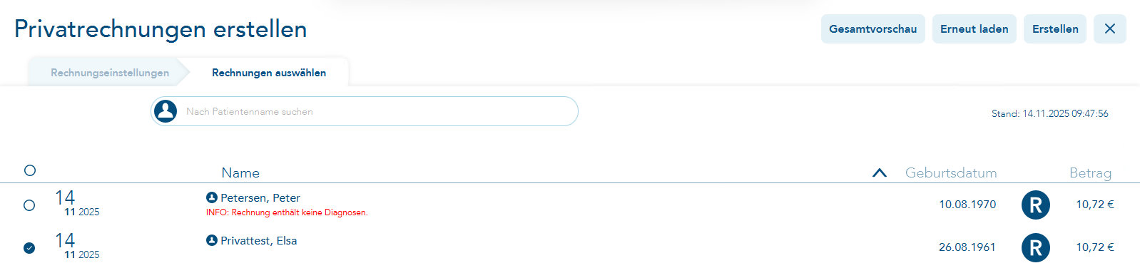Anzeige der erstellten und vormarkierten Rechnungen