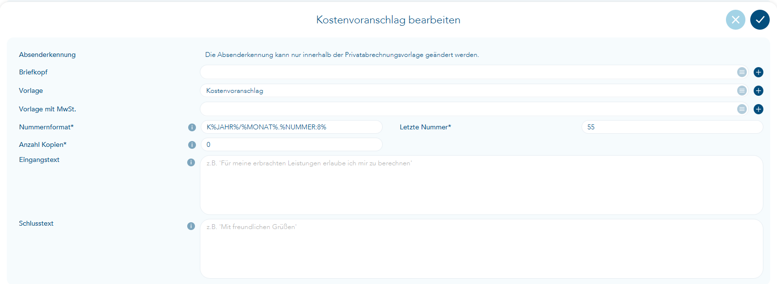 Eingaben zur Druckvorlage vom Kostenvoranschlag in den Privatabrechnungsgruppen