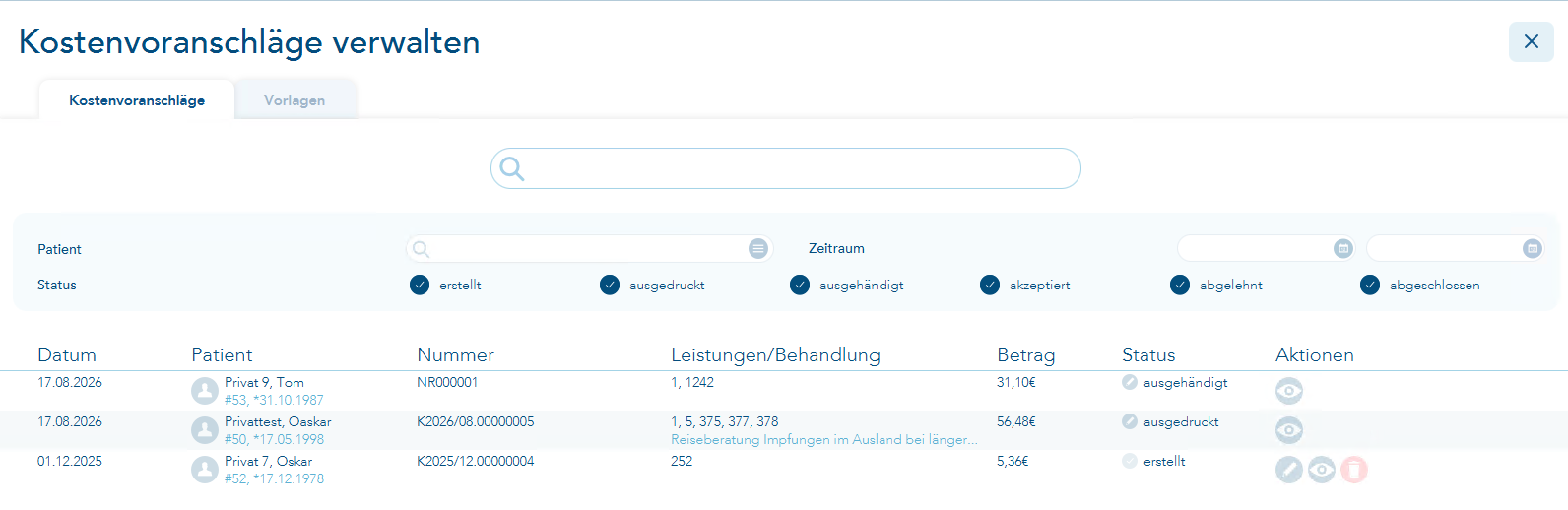 Das Bild zeigt den Vorgang Kostenvoranschläge verwalten mit Fokus auf dem Reiter Kostenvoranschläge stehend