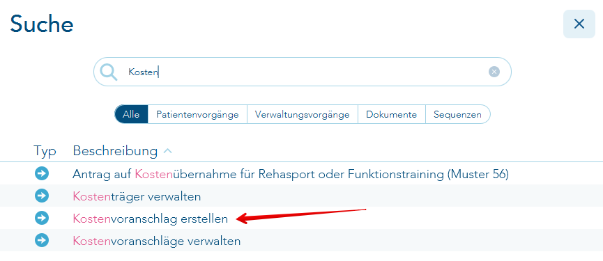 Anzeige der Suchergebnisse zu den Kostenvoranschlagsvorgängen