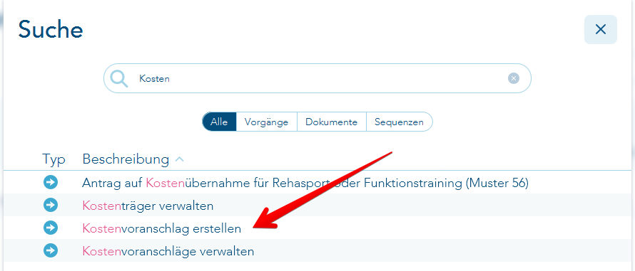 Anzeige der Suchergebnisse zu den Kostenvoranschlagsvorgängen