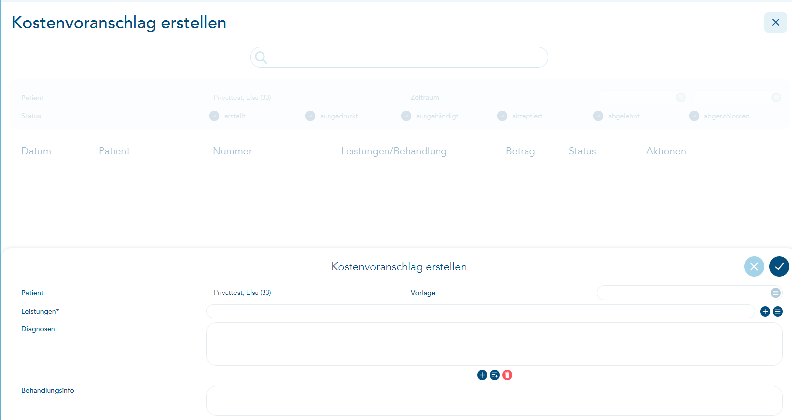 Vorgang zum Erstellen eines Kostenvoranschlags geöffnet