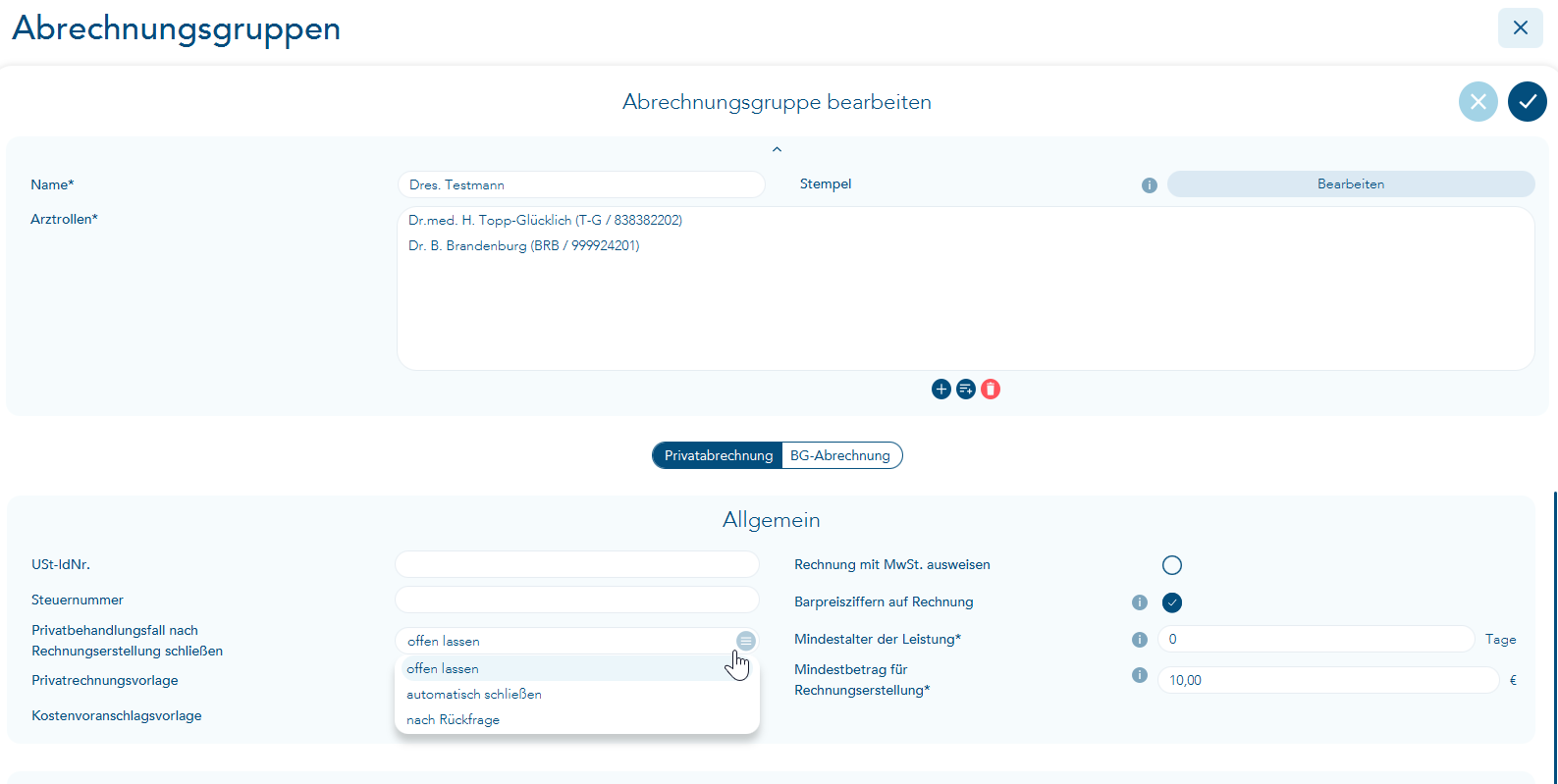 Einstellungen für Privatbehandlungsfall nach Rechnungsstellung schließen