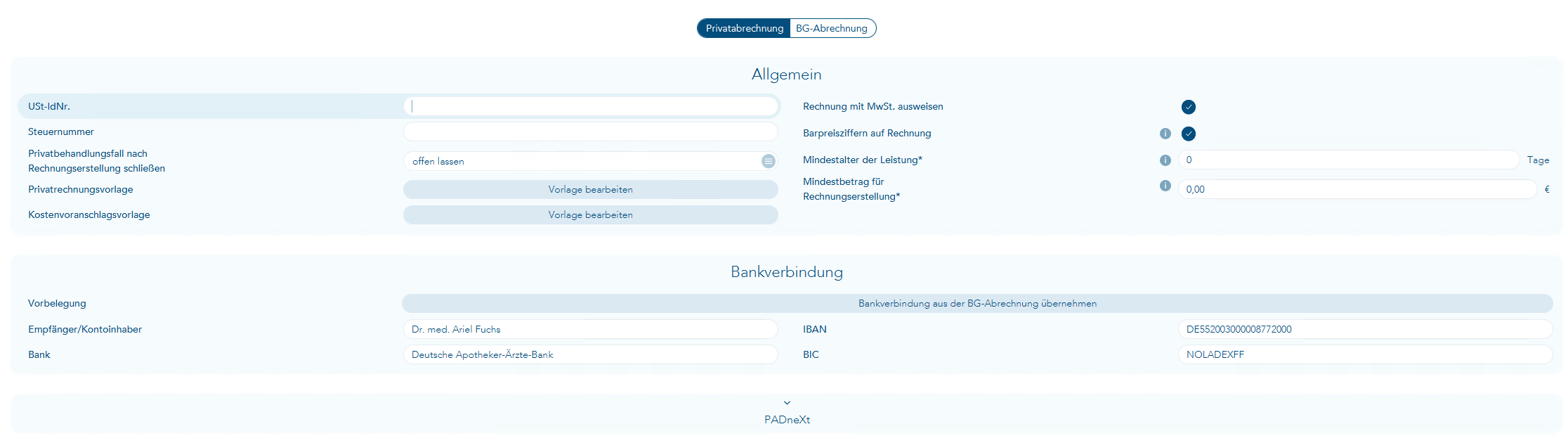Das Bild zeigt die Übersicht aller Felder unter Allgemein im Vorgang Abrechnungsgruppen zur Privatabrechnung