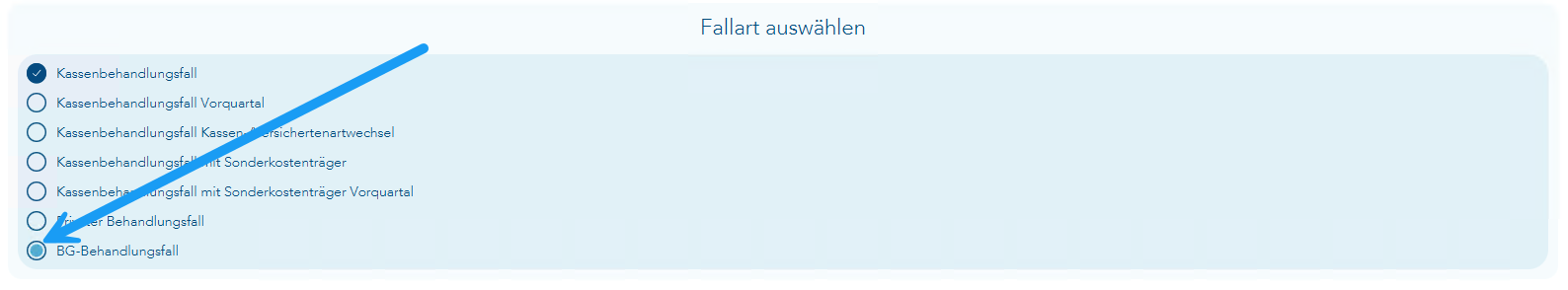 Das Bild zeigt in der Behandlungsfallneuaufnahme den Bereich Fallart auswählen und ein blauer Pfeil verweist auf den Punkt zur Auswahl vom BG-Behandlungsfall