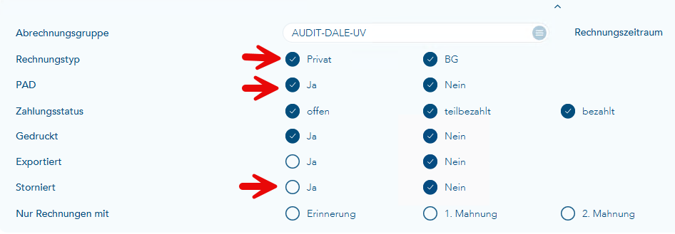 Das Bild zeigt den Auschnitt der Filtereinstellungen in der Rechnungsliste. Drei rote Pfeile verweisen auf beispielhaft auf drei Einstellungspunkte