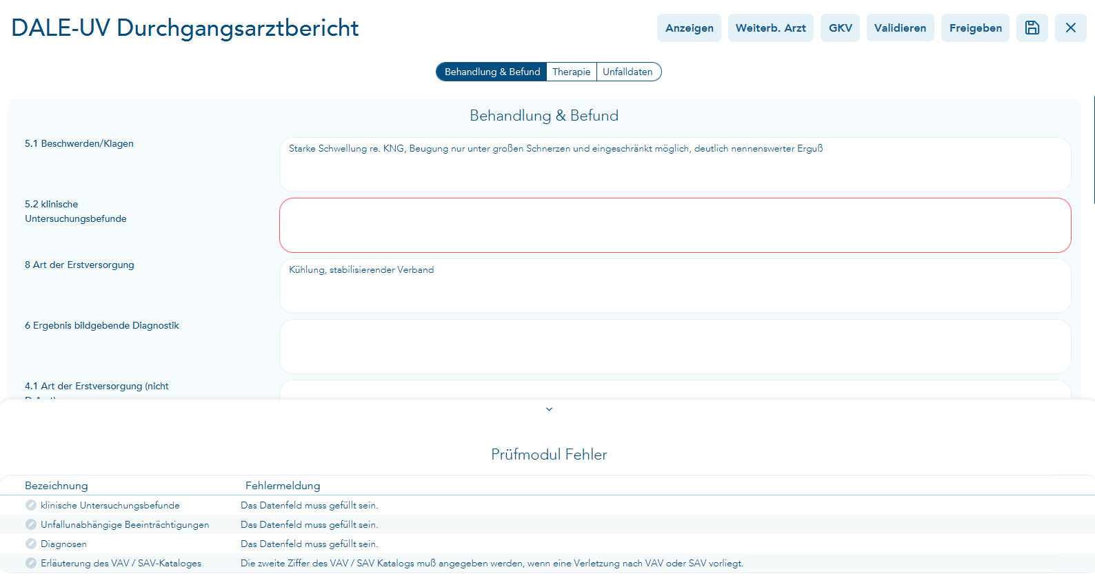 Das Bild zeigt den DALE-UV-Bericht mit einem rot umrandeten nicht befülltem Pflichtfeld. Unten ist der Footer mit den Prüfmodul-Fehlern geöffnet