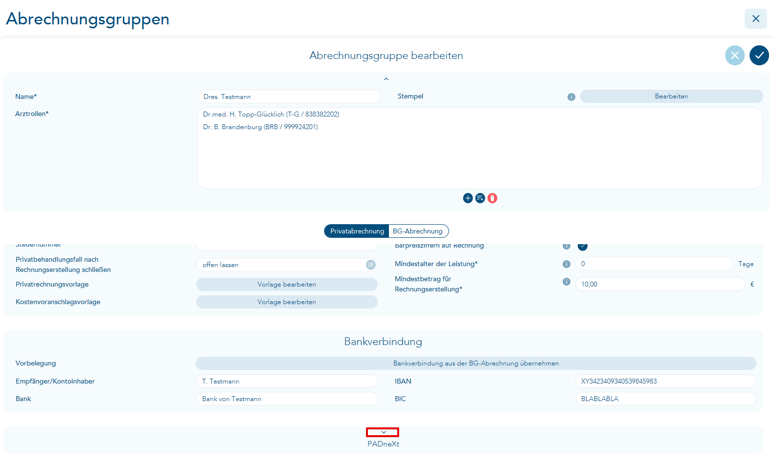 Padnext Bereich über Pfeil aufklappen