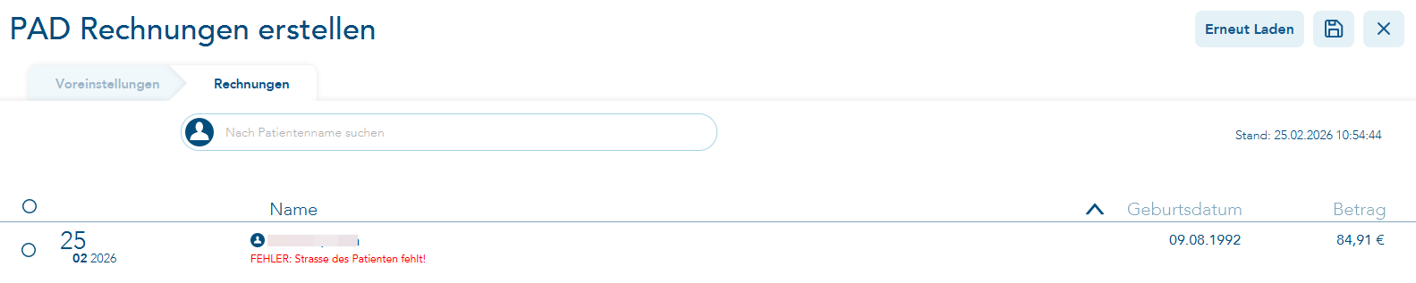 Fehleranzeige bei Patienten
