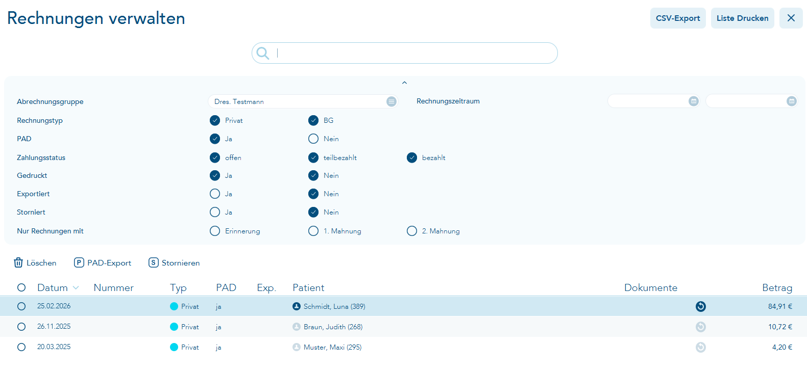 Anzeige der erstellten Rechnungen