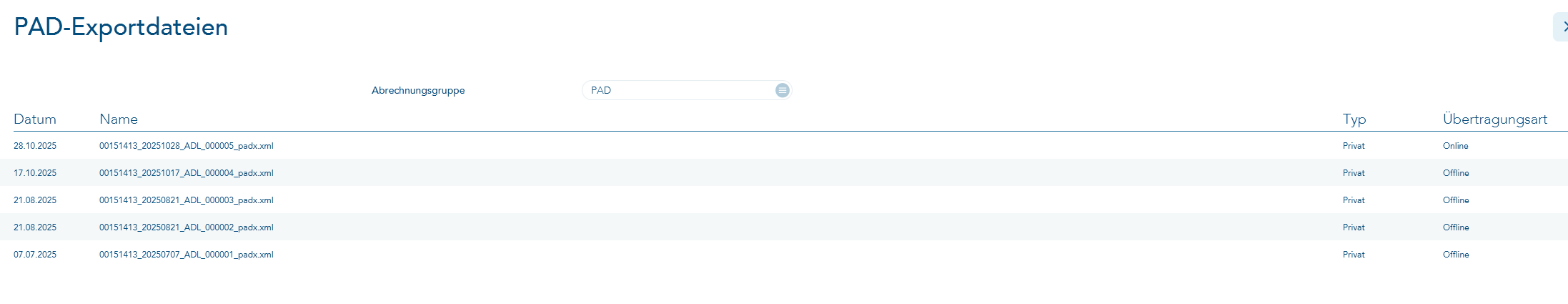 Auflistung erstellter PAD-Exportdateien
