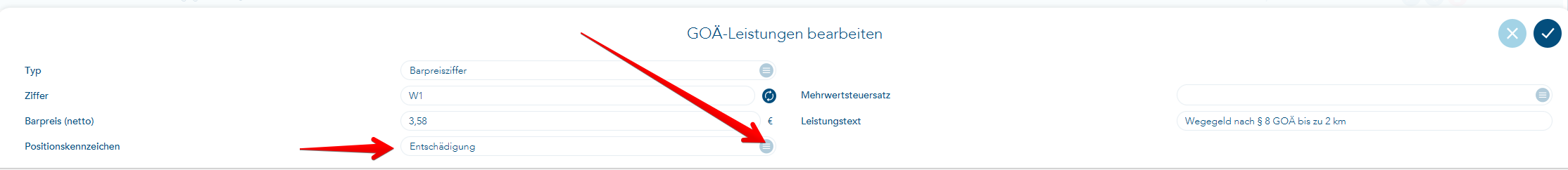 Positionskennzeichen in GOÄ-Barziffer eintragen