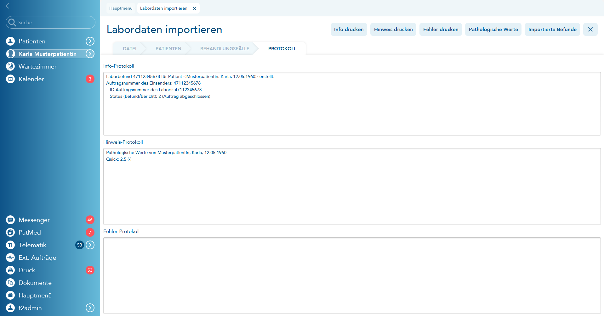 Protokoll nach Labordatenimport