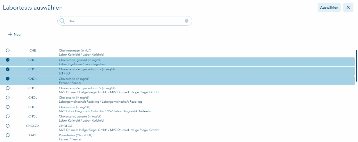 Labortests auswählen