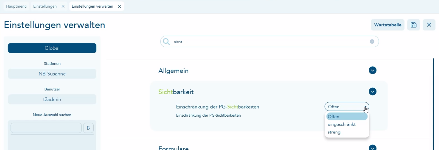 Einstellung Verwalten Sichtbarkeit