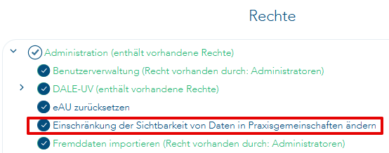 Benutzerrecht Einschränkung der Sichtbarkeit von Daten in Praxisgemeinschaften ändern