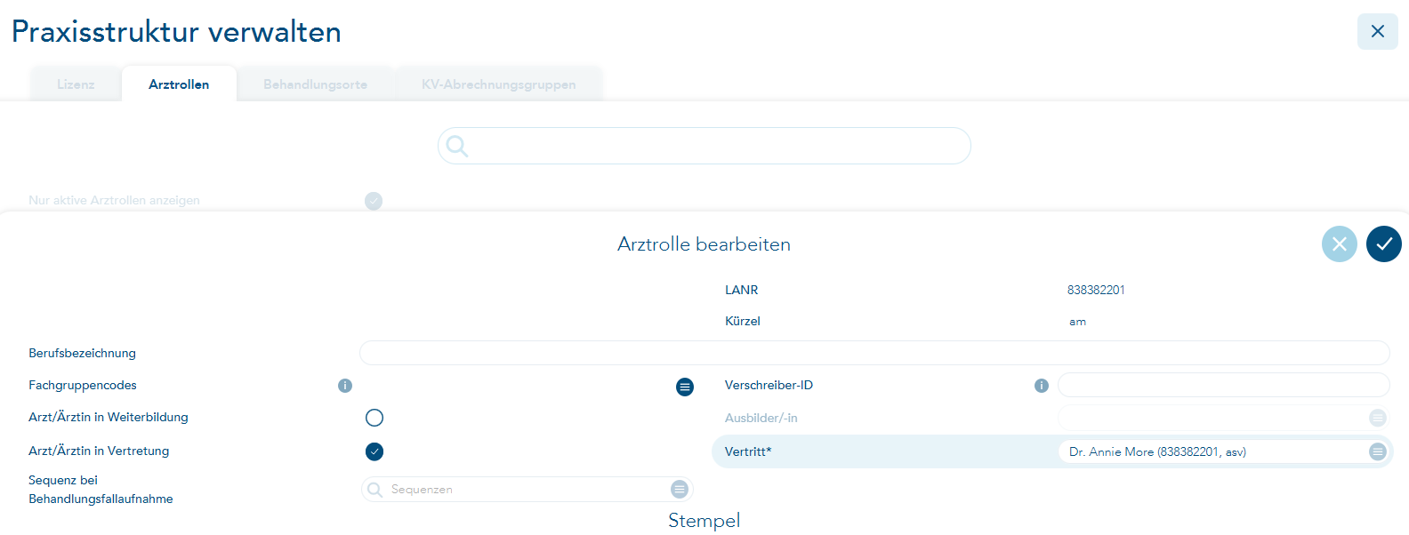 Angabe Vertretungsarzt in Praxisstruktur Arztrolle