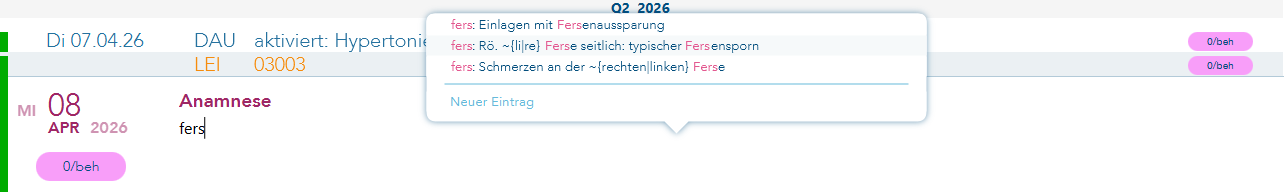 Auswahl in der Karteikarte