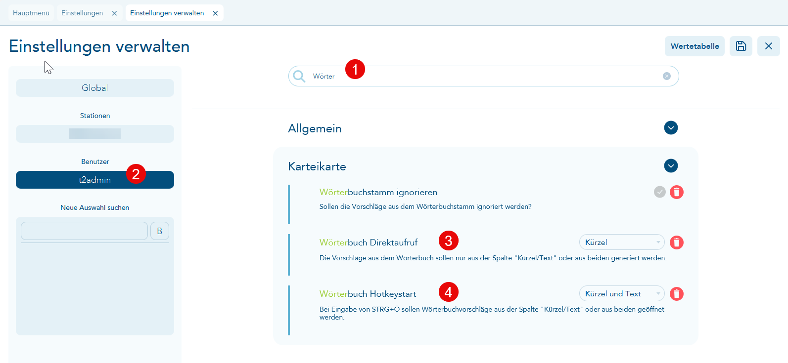Einstellungen zu Wörterbuch