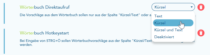 Einstellung Wörterbuch Direktaufruf