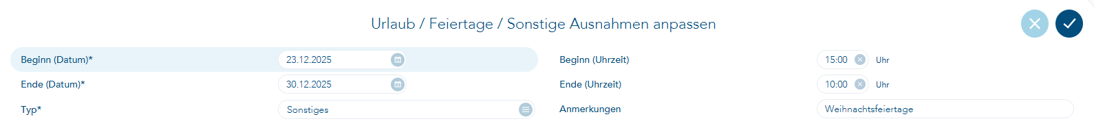 Beispiel für eingetragene Weihnachtsfeiertage