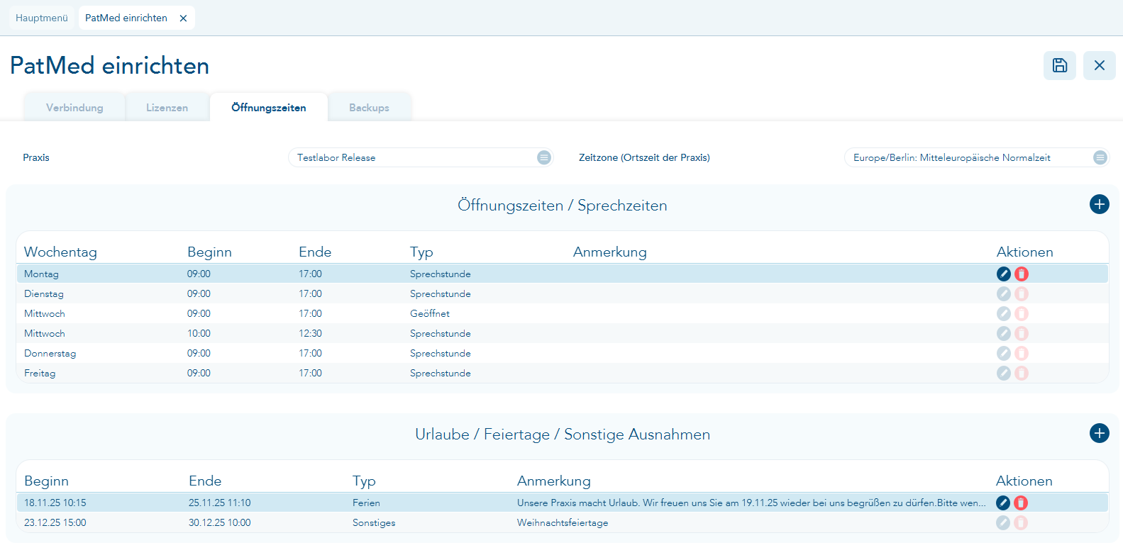 hinterlegte Sprechzeiten und Urlaube