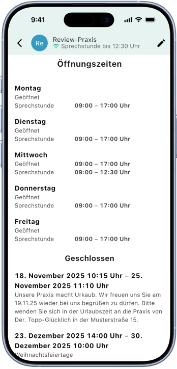 angezeigte Öffnungszeiten in der PatMed-App