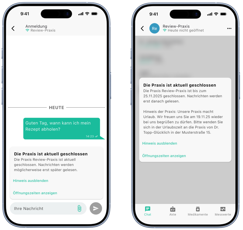 Hinweis in der PatMed-App das die Praxis gechlossen ist