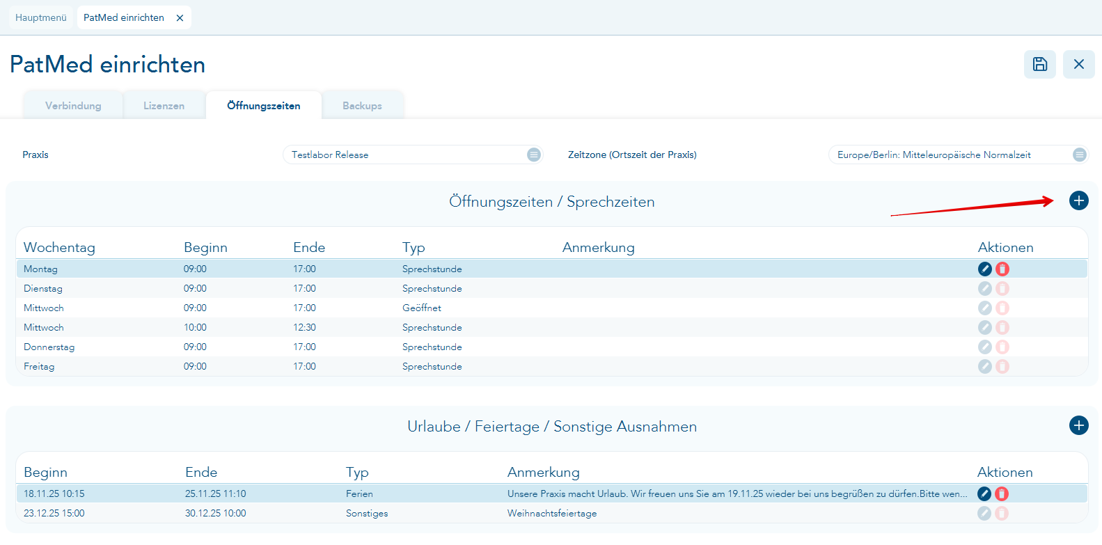 Sprechzeiten über das Plus hinzufügen