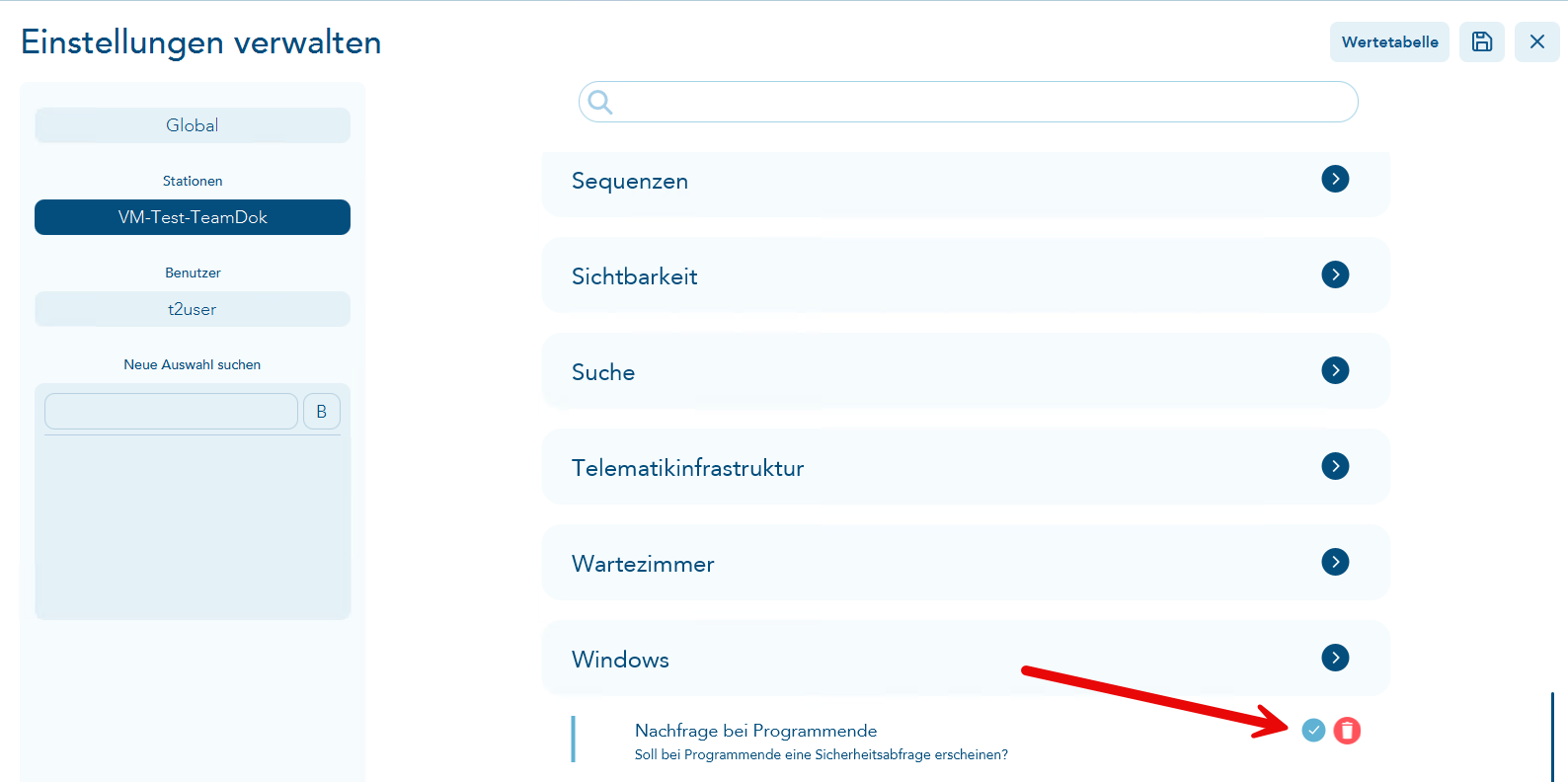 Das Bild zeigt die Einstellungen im Hauptmenü und der rote Pfeil verweist auf den Einstellungspunkt zum Beenden des Programms mit Nachfrage