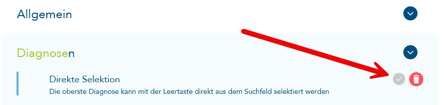 Das Bild zeigt die Einstellungen zu Diagnosen, die über das Hauptmenü > Einstellungen aufgerufen werden. Ein roter Pfeil verweist auf den im Text beschriebenen Einstellungspunkt "Direkte Selektion".
