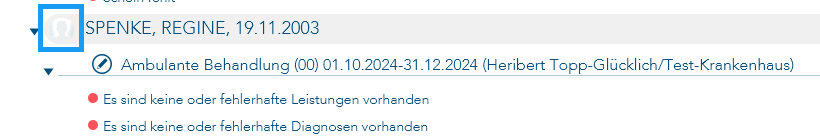 Das Bild zeigt das KV-Fehlerprotokoll und das Symbol Patientenkopf vor dem Namen zum direkten Sprung in die eAkte des Patienten ist blau umrandet