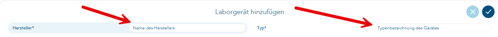 Das Bild zeigt den geöffneten Footer zur Eingabe der Laborgerätedaten. Zwei rote Pfeile verweisen auf die Eingabefelder im Footer