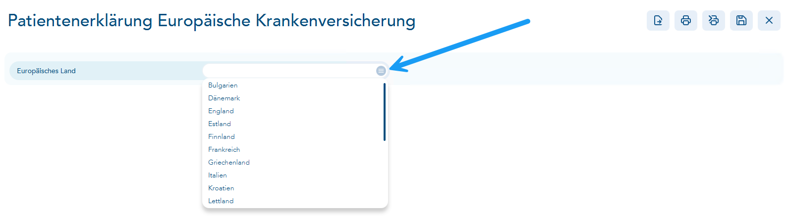 Das Bild zeigt die geöffnete Länderauswahl und ein blauer Pfeil verweist auf den Auswahlbutton zum Öffnen der Länderauswahl.