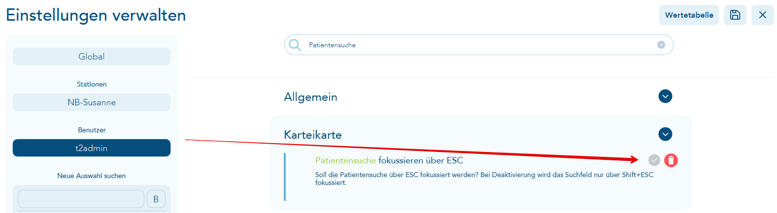 Einstellung Patientensuche fokussieren über ESC