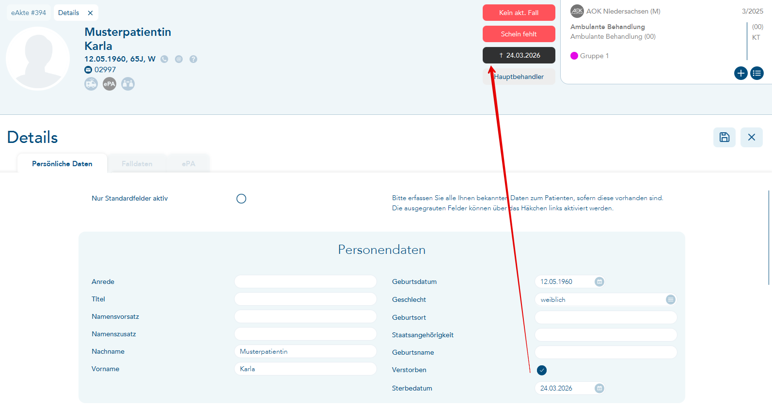 Patientendetails Feld Verstorben