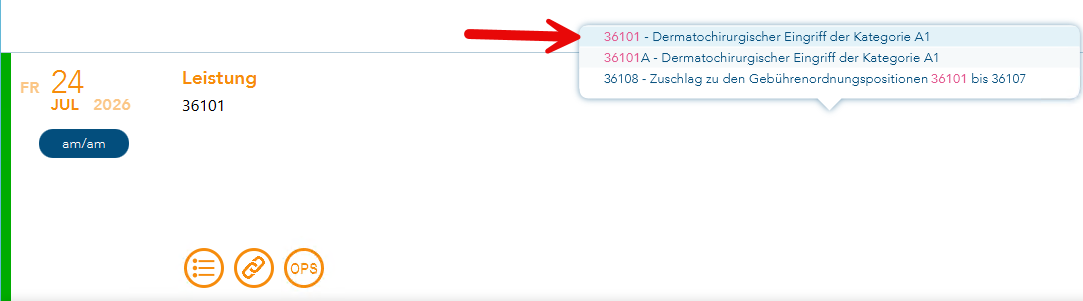 Ziffernauswahl nach Eingabe einer OP-Leistung