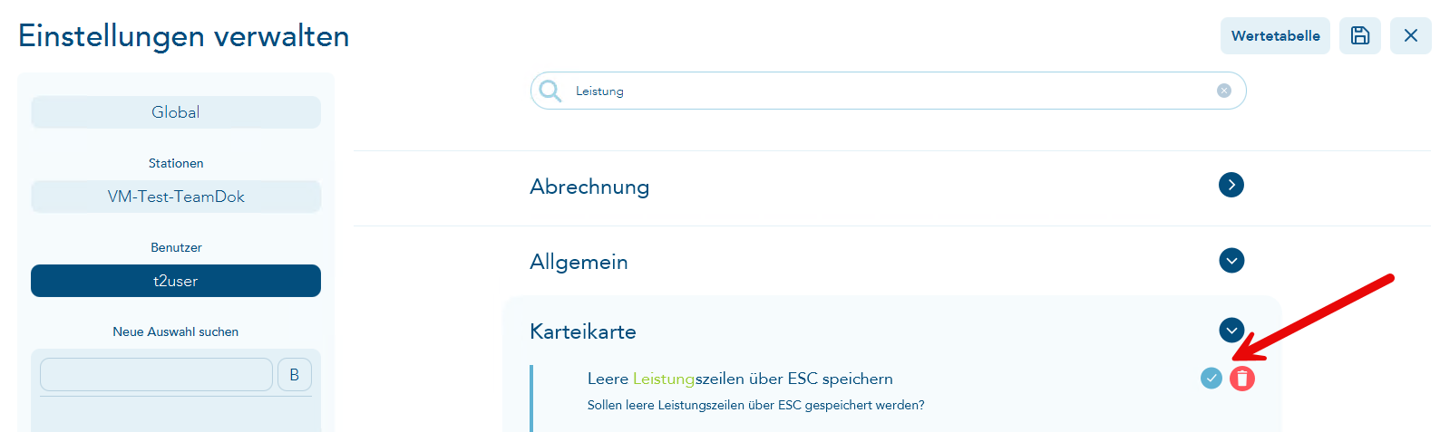 Einstellungen im Bereich Allegemien-Karteikarte zur Suche nach Leistungszeilen