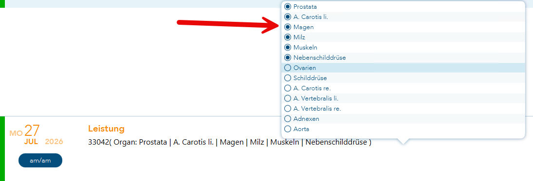 Anzeige der Liste der Organe mit gehaltener STRG-Taste zur Mehrfachanwahl