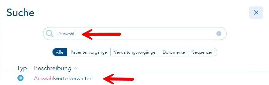 Suche nach Wort Auswahl zum Aufruf der Eigenen Liste Auswahlwerte