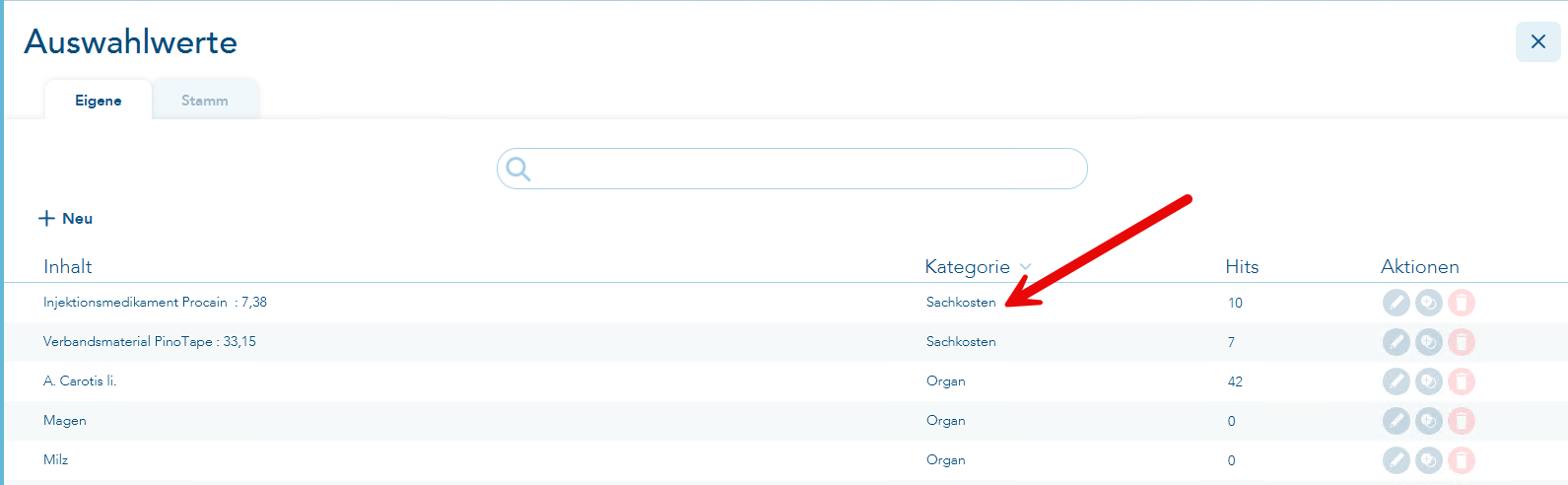 Ansicht der Liste der Auswahlwerte mit Pfeil auf die Kategorie Sachkosten