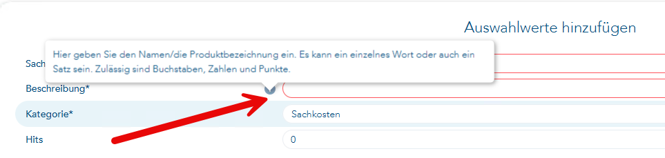 Hinweis auf Eintrag der Beschreibung zu den Sachkosten mit Pfeil auf das kleine i mit weiteren Informationen