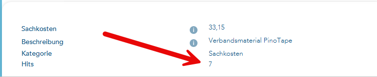 Auswahlwert Sachkosten mit Pfeil auf die Hits
