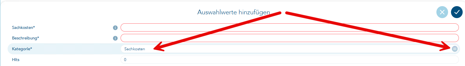 Auswahlwert hinzufügen mit Pfeil auf die Auswahl der Kategorie Sachkosten
